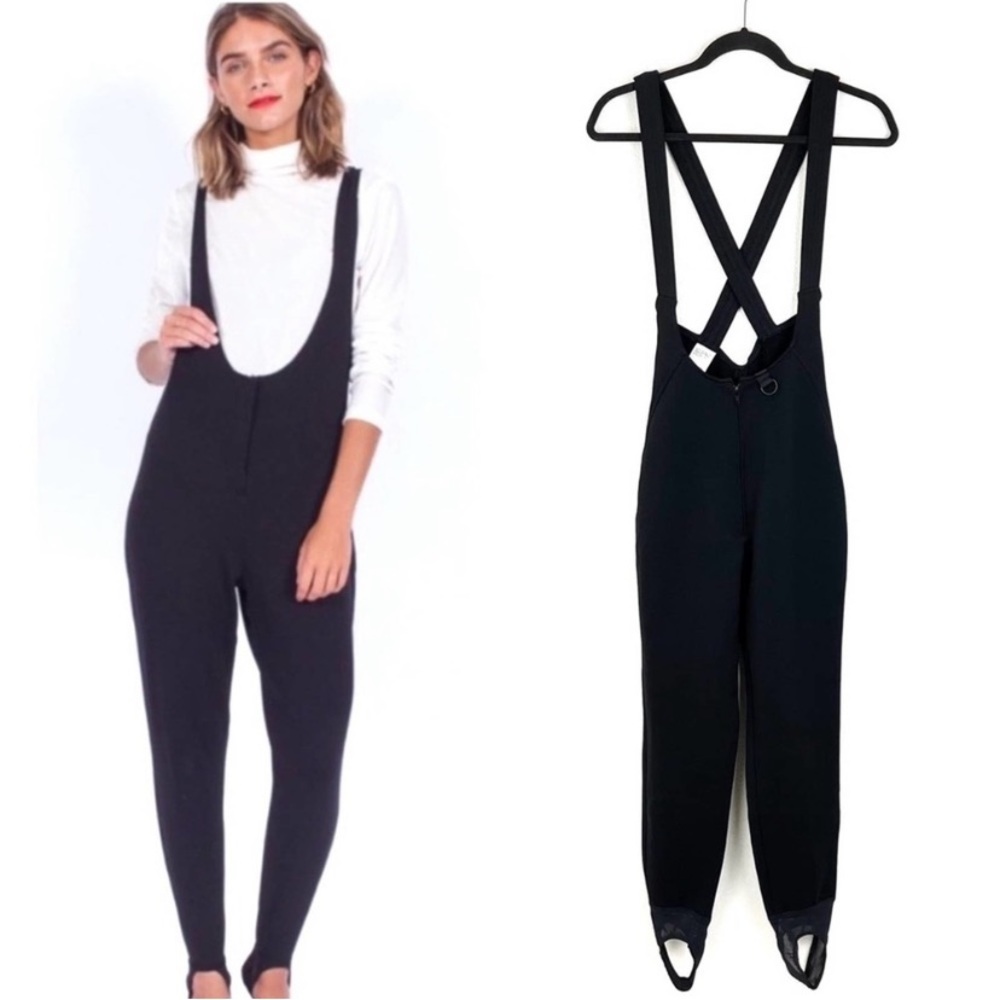 VTG 70 80s Ski Bib Overall Wool Blend Spandex Stirrup Jumpsuit Black Womens 6-8